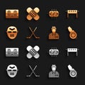 Set Ice hockey sticks, Hockey table, Whistle, judge, referee, arbiter, mask, mechanical scoreboard and Crossed bandage