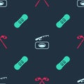 Set Ice hockey sticks, Winter fishing and Snowboard on seamless pattern. Vector