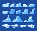 Set of Icebergs, Frozen Ice Floe Blocks, Blue Iced Snowdrift Caps. Ice Lumps or Cubes With Facets, Slippery Surface