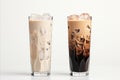 Set of iced black coffee and latte coffee with milk in tall glass on white background