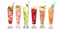 Set of iced cocktails: with watermelon, cucumber, orange, lime and cherry, tangerine, passion fruit, pineapple Royalty Free Stock Photo