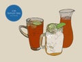 Set of iced lemon mint tea , sketch vector.