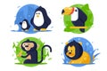 Set icon animals with lion, penguin, monkey, toucan.