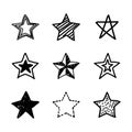 Set of icon black star. Collection of stars symbol isolated on white background. Sketch design. Doodle art. Royalty Free Stock Photo