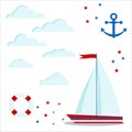 Set icon of blue and red sailboat with two sail and flag, clouds, stars, anchor, lifebuoy Royalty Free Stock Photo