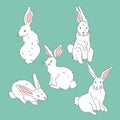 Set of icon cute white hare in different pose on green background, forest, woodland animal, vector illustration in flat Royalty Free Stock Photo