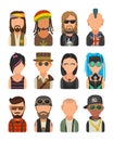 Set icon different subcultures people. Hipster, raper, emo, rastafarian, punk, biker, goth, hippy, metalhead, steampunk, skinhead,