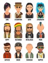 Set icon different subcultures people. Hipster, raper, emo, rastafarian, punk, biker,