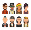 Set icon different subcultures people. Hipster, raper, emo, rastafarian, punk, biker, goth, hippy