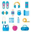 Set of icon of fitness equipment: headphones, yoga mat, dumbbell, smart watch. Vector in flat style Royalty Free Stock Photo