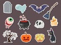 Set of icon halloweeen stickers. pumpkin, ghost, brain, bat, skull, gravestone, tree, candle, broom, eyeball, cat, witches