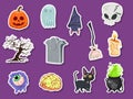 Set of icon halloweeen stickers. pumpkin, ghost, brain, bat, skull, gravestone, tree, candle, broom, eyeball, cat, witches