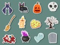 Set of icon halloweeen stickers. pumpkin, ghost, brain, bat, skull, gravestone, tree, candle, broom, eyeball, cat, witches