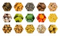 Set Icon Honeycomb Vegetables Fruits And Nuts, Base Hexahedral Cell Watermelon Tomato