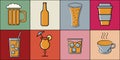 Set of icon items from drinks glasses cups with alcoholic and non-alcoholic cocktails beer whiskey for a cafe bar Royalty Free Stock Photo