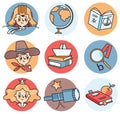 Set of icon: kids, books, pencil, magnifier, globe, boat