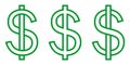 Set icon money symbol dollar, letter S intertwined with vertical stripe, vector set currency dollar sign green