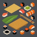 Set icon Sushi nigiri and rolls. Served with bamboo mat, chopsticks, wasabi, soy sauce and wood plate Royalty Free Stock Photo