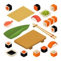 Set icon Sushi nigiri and rolls. Served with bamboo mat, chopsticks, wasabi, soy sauce and wood plate Royalty Free Stock Photo