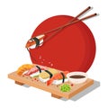 Set icon sushi nigiri and rolls. Served with bamboo mat, chopsticks, wasabi, soy sauce and wood plate Royalty Free Stock Photo