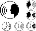 Set of Icon voice command with sound waves. Sign speaking man. Black symbol head silhouette isolated on white background. Royalty Free Stock Photo