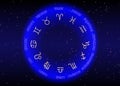 Astrology and horoscope - signs of zodiac over night sky and stars dark night sky background , illustration Royalty Free Stock Photo