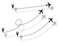 Set icons airplane line path route. Aircraft route dotted lines. Tourism and travel. Tourist route by plane. Tracks traveler icons Royalty Free Stock Photo