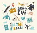 Set Icons Airport Theme Airplane, Pilot Uniform and Aircraft in Clouds, Suitcase, Gps Pin and Map with Passport and Map Royalty Free Stock Photo