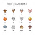 Set of icons with animals. Pet faces with flat style. Zoo cartoon collection Royalty Free Stock Photo