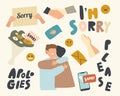 Set of icons Apologies Theme. Human Palms in Begging Gesture, Flower Bouquet, Hugging Friends and Handshake