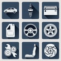Set of icons auto parts. Flat design with long shadows.