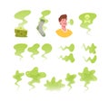 Set of Icons Bad Smell Theme. Green Toxic Clouds, Stinky Sock and Piece of Cheese, Man with Disgusting Breathing Cloud Royalty Free Stock Photo