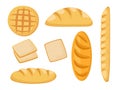 Set of Icons Bakery Production, Different Types of Bread Wheat French Loaf, Sandwich Slices Isolated on White Background