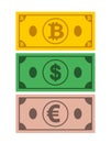 A set of icons of Bank notes bitcoin, dollar, euro on the isolated white background.Symbols of currencies in flat style.