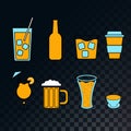 Set of icons for a bar of cocktails, beer, glasses, coffee, tea, mugs, bottles of whiskey on a translucent dark and checkered