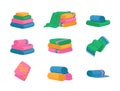 Set of Icons Bath and Kitchen Towels Rolled and Stacked in Piles. Fabric or Cloth, Textile for Wiping and Clean Body