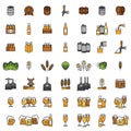 Set icons of beer. Glasses of beer, hops, malt, bottles, cans and barrels of outline.