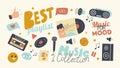 Set Icons Best Playlist for Music Collection Theme. Hand Thumb Up Gesture, Vinyl and Cd Disk, Dynamics and Record Player