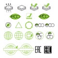 A set of icons in black and green for designations on the packaging of goods, ecology