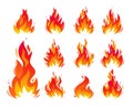 A set of icons with a blazing fire. A burning bonfire with sparks. A fiery flame