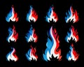 Set of icons with a blazing fire in the colors of the French flag. Burning bonfire with sparks. The flag of France