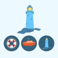 Set icons with boat, lifebuoy , lighthouse