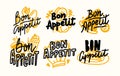 Set of Icons Bon Appetit Lettering, Written Food Poster with Doodle Design Elements, Hand Drawn Quotes, Print for Menu