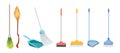 Set of Icons Broom, Scoop and Brushes with Long Handles Household Plastic Tools Isolated on White Background