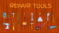 Set of icons of building plumbing garden tools: shovel saw hammer brush rake trolley spatula, screwdriver pickaxe wrench Royalty Free Stock Photo