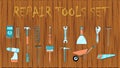 Set of icons of building plumbing garden tools: shovel saw hammer brush rake trolley spatula, screwdriver pickaxe wrench Royalty Free Stock Photo