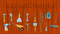 Set of icons of building plumbing garden tools: shovel saw hammer brush rake trolley spatula, screwdriver pickaxe wrench Royalty Free Stock Photo