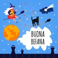 Set icons for Buona Befana card. Cute witch and cat for Happy Epiphany day.