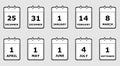 Set of icons calendar pages with different holiday dates, black and white, flat style, vector