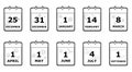 Set of icons calendar pages with different holiday dates and simbols, black and white, flat style, vector